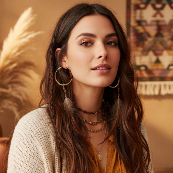 Handmade Colorblock Golden Beaded Hoops Indian Artisan Boho Chic Trendy Style - Picture 3 of 13